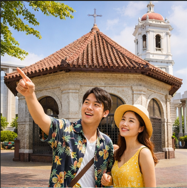 세부 시티투어 중 마젤란의 십자가와 산토니뇨 성당을 방문하는 여행자