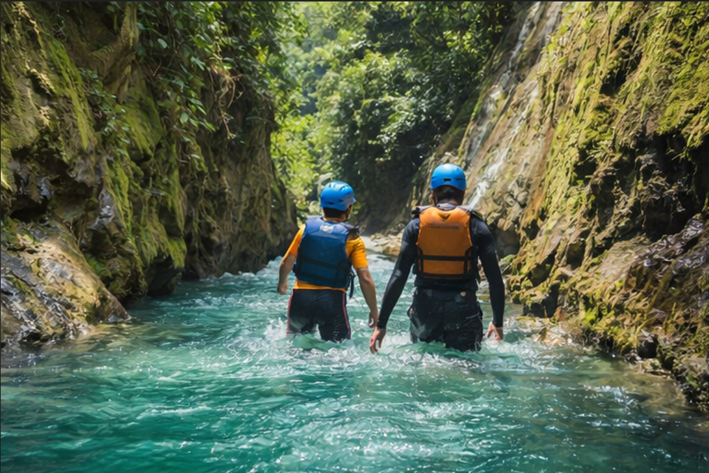 세부 가와산 캐녀닝 초반 구간에서 협곡 물길을 따라 이동하는 모습