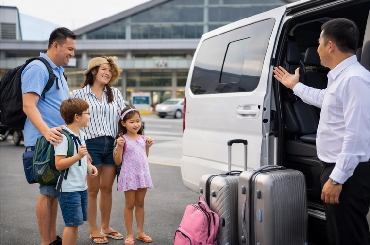 세부 공항 픽업 서비스로 가족 여행자가 전용 차량에 탑승하는 모습