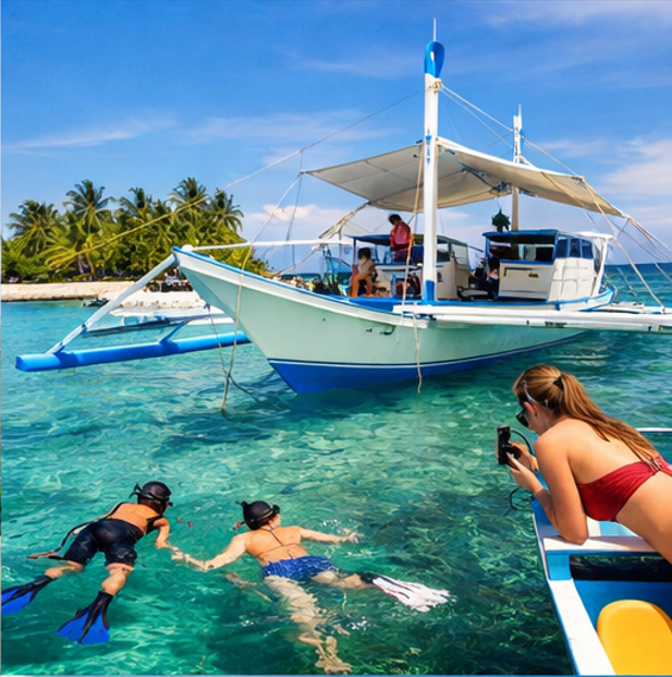 세부 호핑투어 중 에메랄드빛 바다에서 스노클링을 즐기는 여행객들