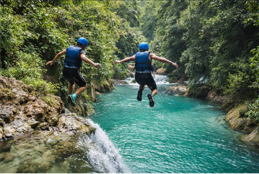세부 가와산 캐녀닝 점프 포인트에서 에메랄드빛 물로 다이빙하는 장면