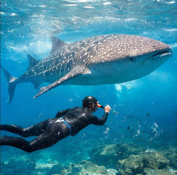 세부 오슬롭 고래상어 투어에서 바다 속을 유영하는 고래상어와 다이버