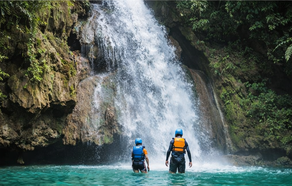 세부 가와산 캐녀닝 폭포 구간에서 자연 수영을 즐기는 참가자들