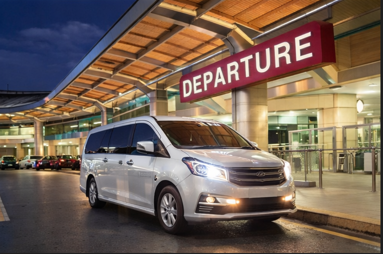 세부 공항 픽업 전용 차량이 공항 출구에서 대기 중인 모습