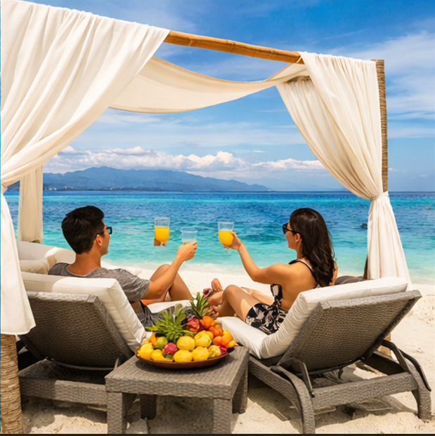 세부 프라이빗 투어 일정 중 해변 리조트에서 휴식을 즐기는 커플