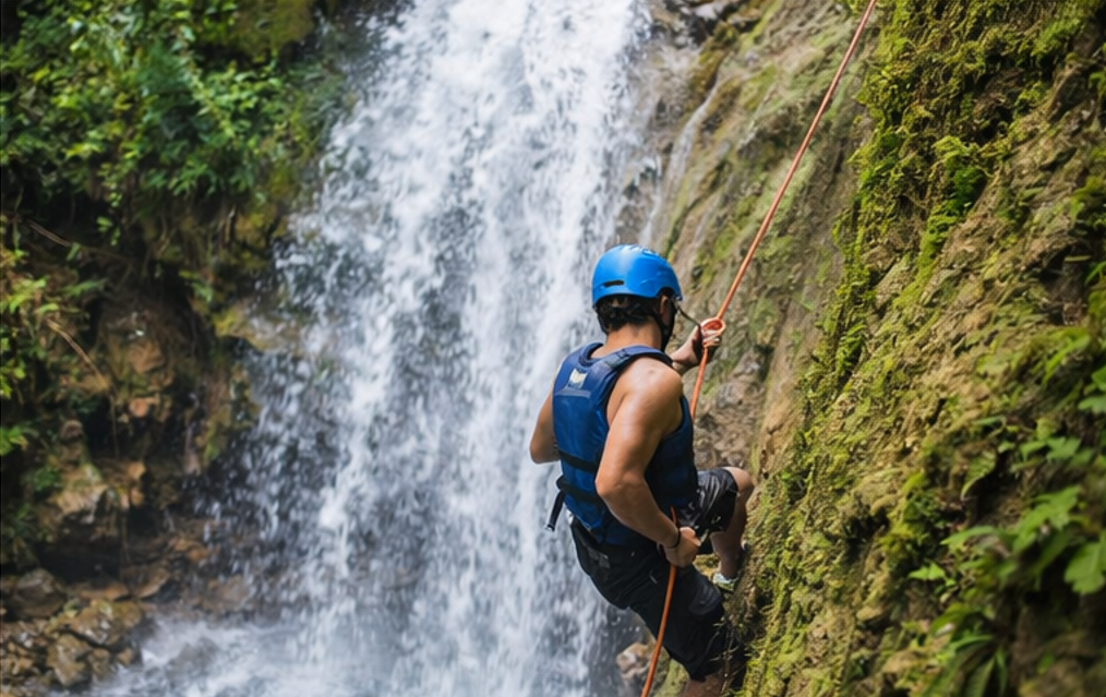 세부 가와산 캐녀닝 로프 하강 구간에서 전문 장비로 내려오는 모습
