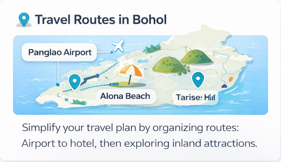 보홀 자유여행 핵심 이동 동선 지도(팡라오 공항-알로나비치-내륙 코스)