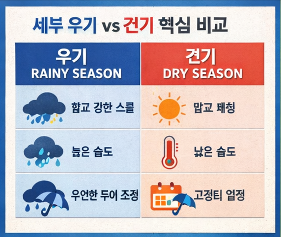 세부 우기 여행과 건기 여행의 차이를 한눈에 비교한 인포그래픽(비 패턴·습도·투어 변동)