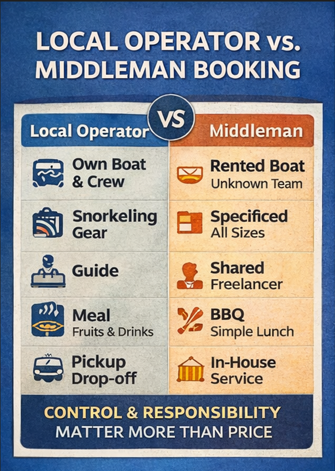 세부 호핑투어 현지 업체와 중개 예약의 차이를 비교한 인포그래픽(책임 범위·포함 항목·대응 속도).