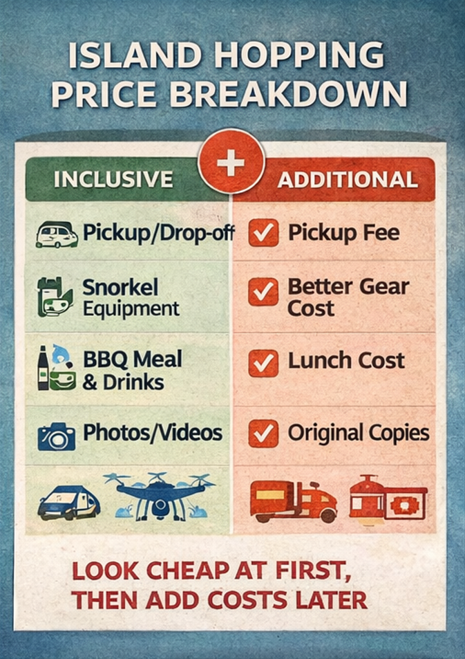 호핑투어 가격 구성 체크카드(픽업·장비·식사·촬영·입장료 포함/추가 항목 구분).