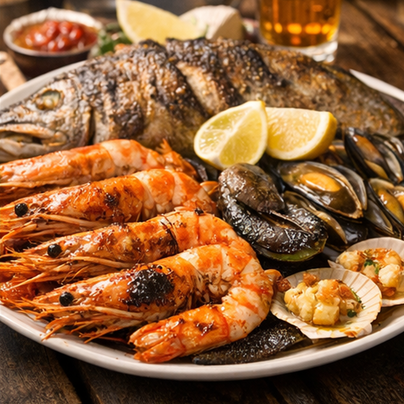 세부 로컬 시장에서 판매되는 해산물 그릴과 수투킬 스타일 요리