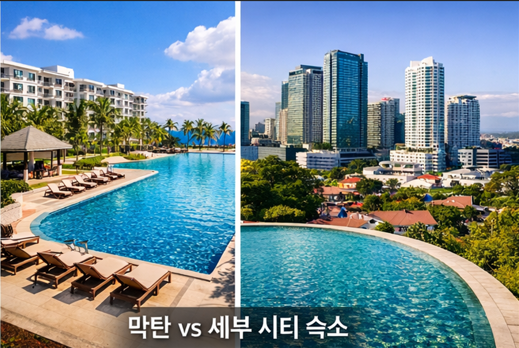 막탄 리조트형 콘도 수영장과 공용시설을 비교하는 이미지