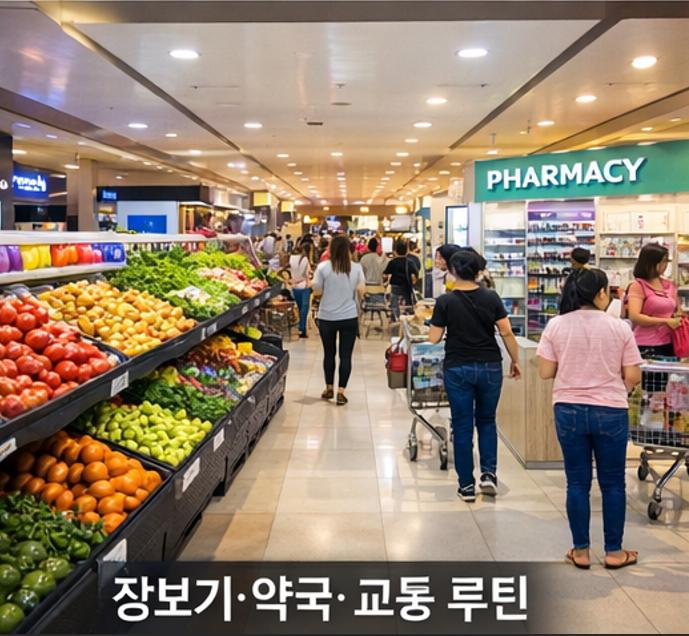 세부 쇼핑몰(아얄라 또는 SM) 내부와 마트·약국 동선을 보여주는 이미지