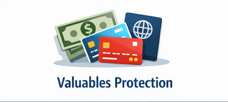 현금·카드·여권을 분산 보관하는 여행 준비물 구성 이미지