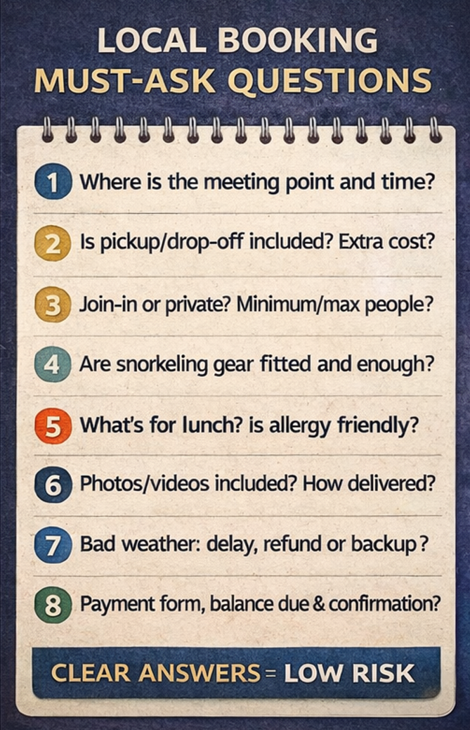 세부 호핑투어 현지 예약 질문 스크립트 8문장 카드(확정 메시지·기상 정책·결제 방식 포함).