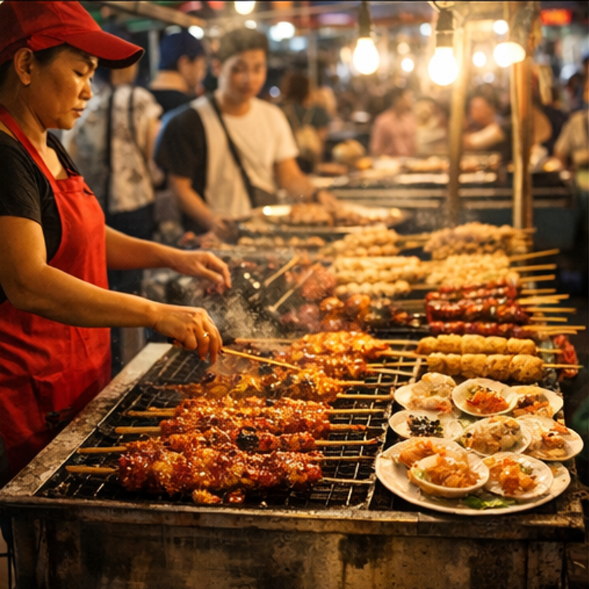 세부 로컬 음식점에서 조리 중인 BBQ와 길거리 음식 모습