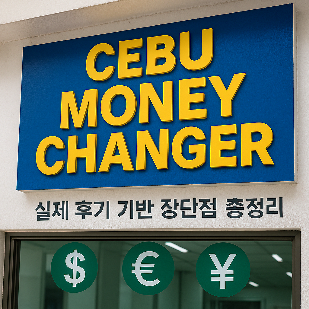 세부 환전소 외관과 환율 안내 창을 보여주는 이미지. 여행자가 환전소 앞에서 환율을 확인하는 모습이 포함되어 있으며, 배경은 세부 시내 거리 풍경.