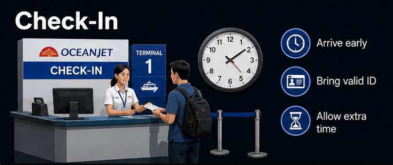 오션젯 예약 화면에서 세부 보홀 페리 시간과 좌석 등급을 선택하는 모습